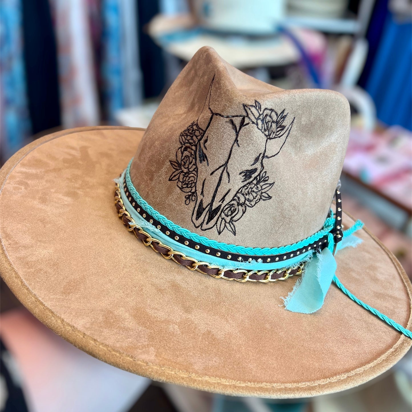 FLORAL BULL SKULL CUSTOM SUEDE HAT