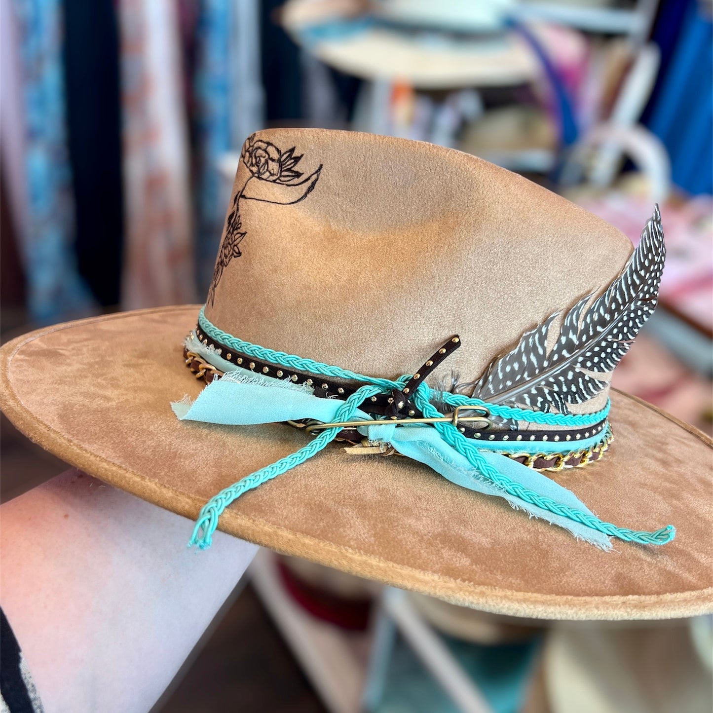 FLORAL BULL SKULL CUSTOM SUEDE HAT